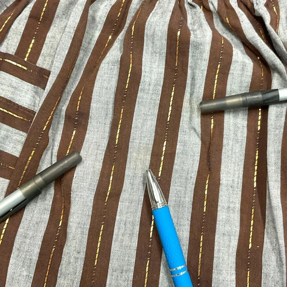Vintage Apron Handmade Pocket Gold Metalic Brown‎ Grey Striped